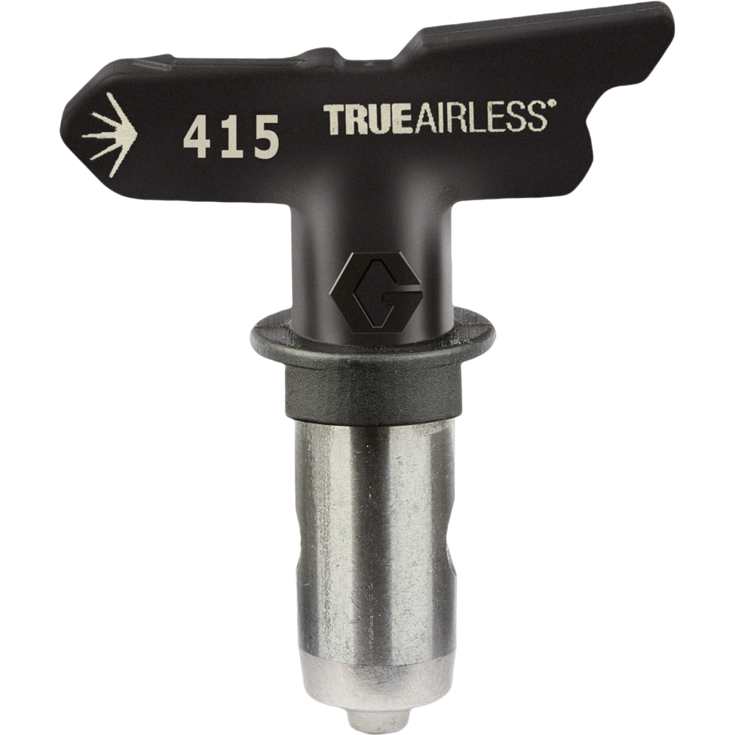 Black and silver metal airless spray tip with durable design for paint sprayers in home improvement and tools collections