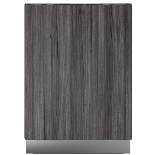 Built-in dishwasher with dark wood panel front and stainless steel base, suitable for kitchen and appliance collections