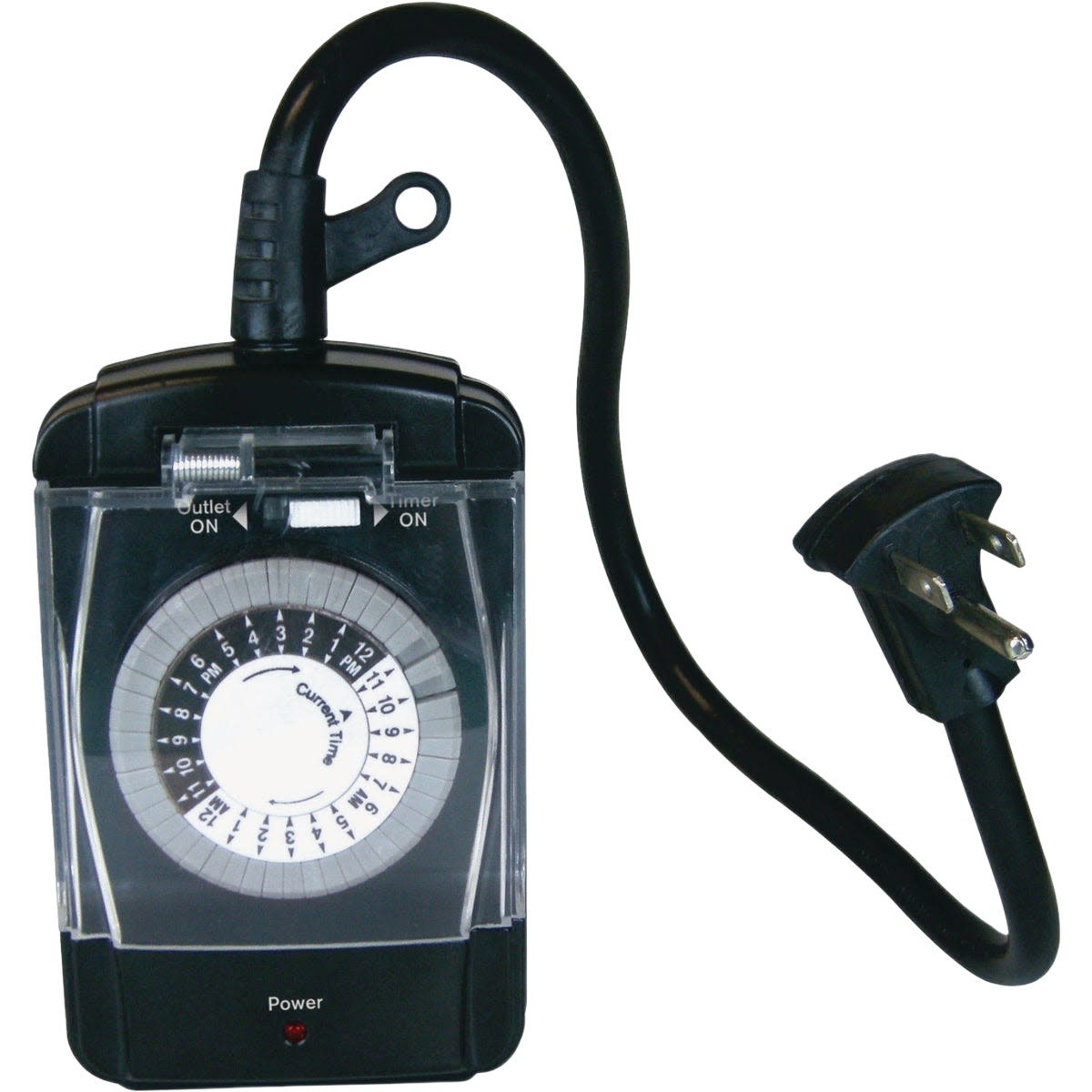 Black outdoor mechanical timer with 24-hour dial and power cord, for home improvement and electrical use under $50 collection