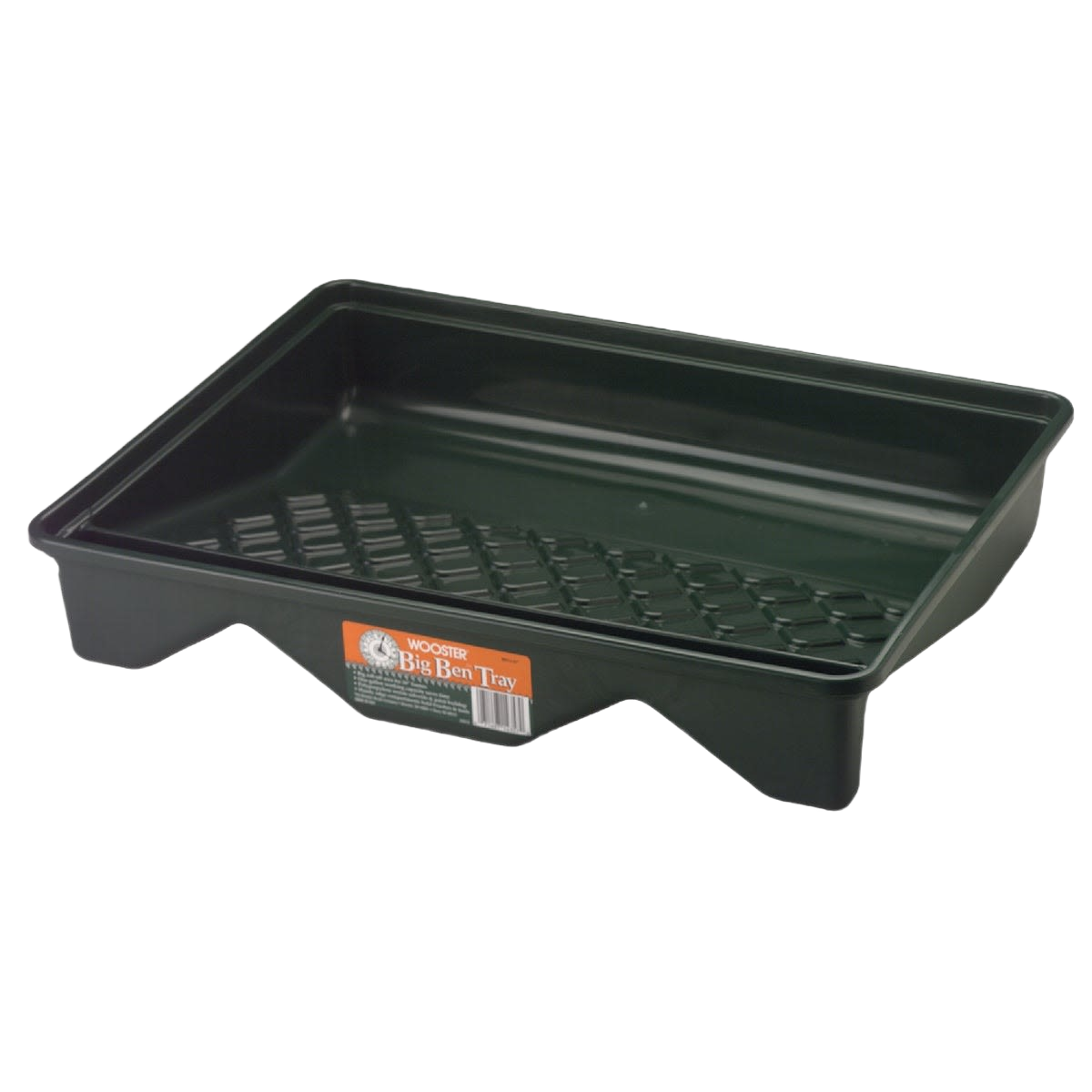Large black polypropylene paint tray with roll-off area designed for 18-inch frames in paint supplies collections