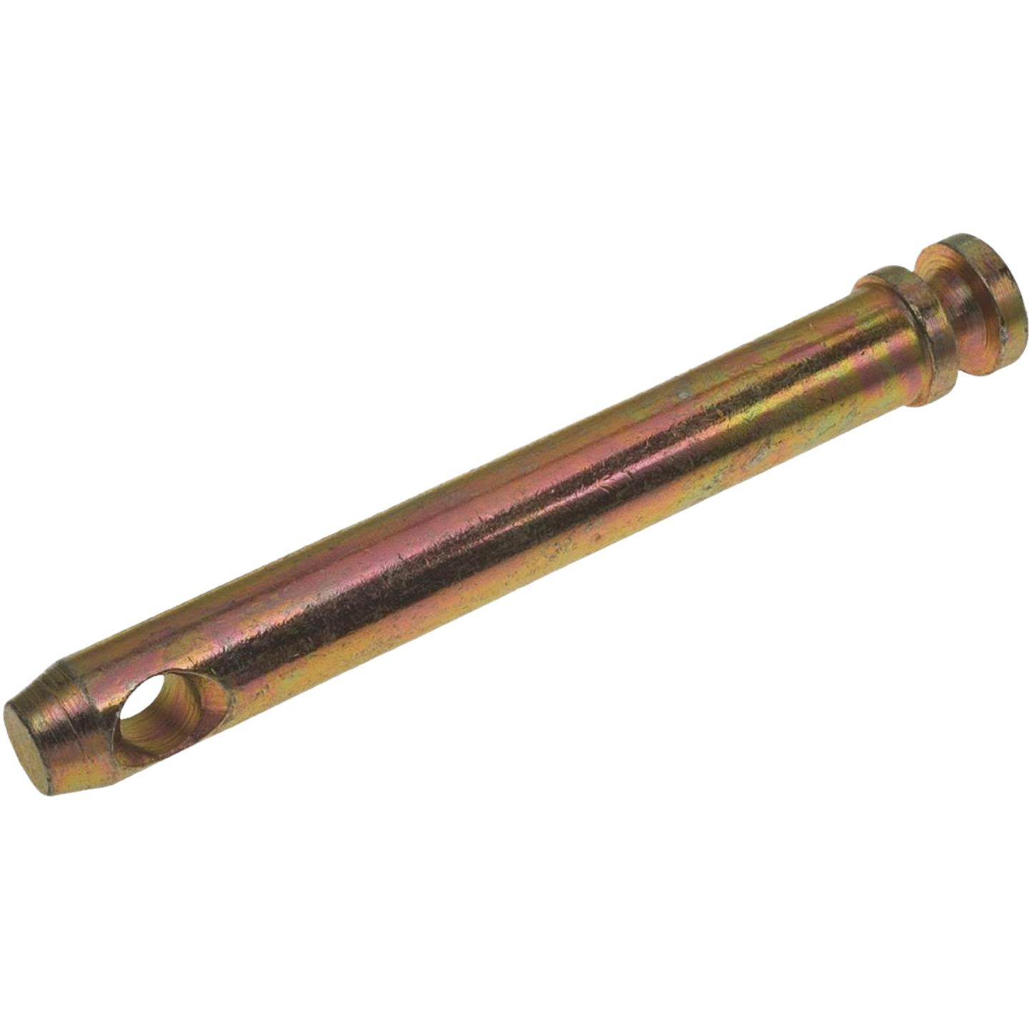 Yellow zinc plated tractor top link pin with hole and groove for secure equipment attachment, in Parts & Lubricants collection