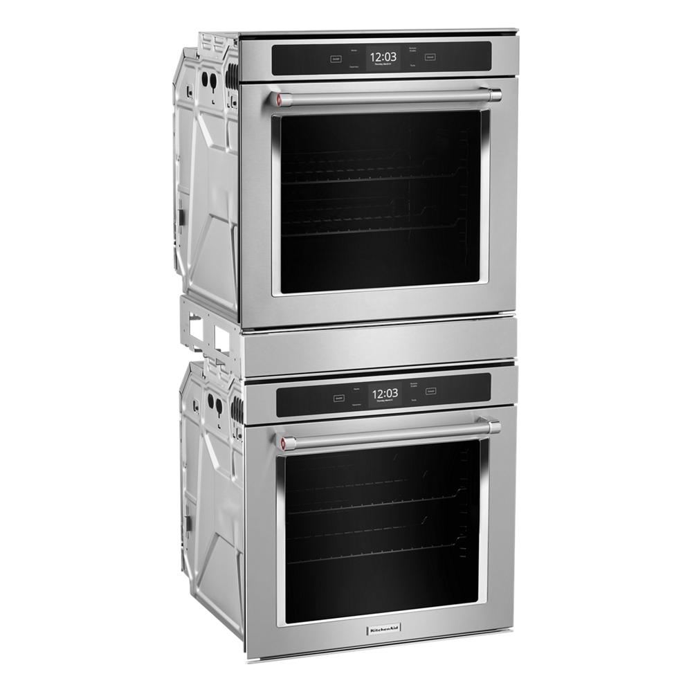 Stainless steel smart double oven with digital display and five-level rack support from KitchenAid wall ovens at Hartville Hardware