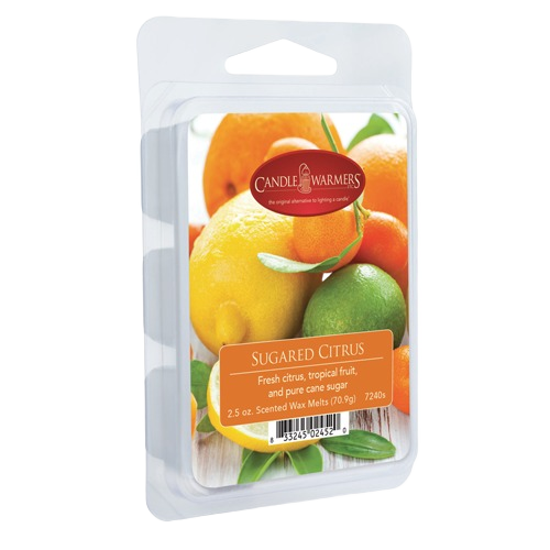 Clear plastic clamshell pack of sugared citrus scented wax melts with images of citrus fruits on the label