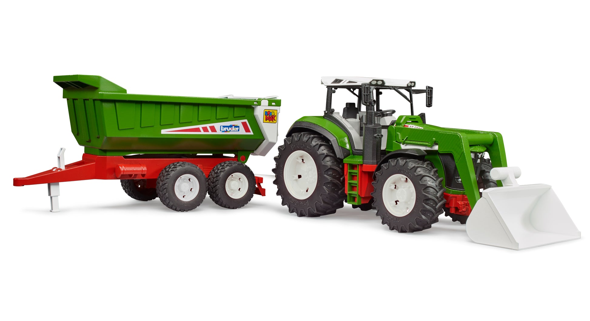 Green and red Bruder toy tractor with front loader and tipping trailer for Vehicles & Remote Controlled Toys collection