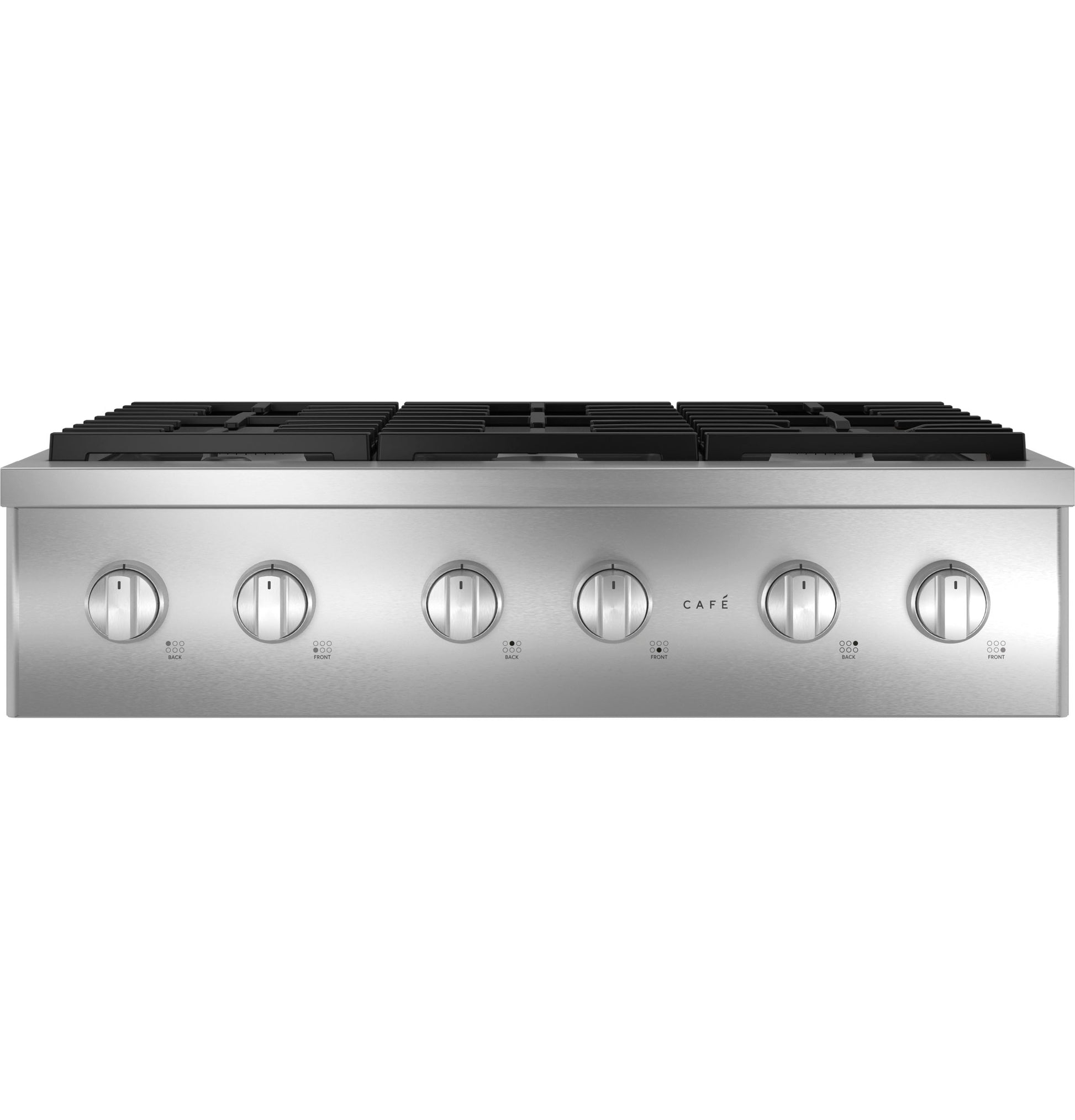 Stainless steel 36-inch commercial-style gas cooktop with six control knobs in kitchen appliances collection