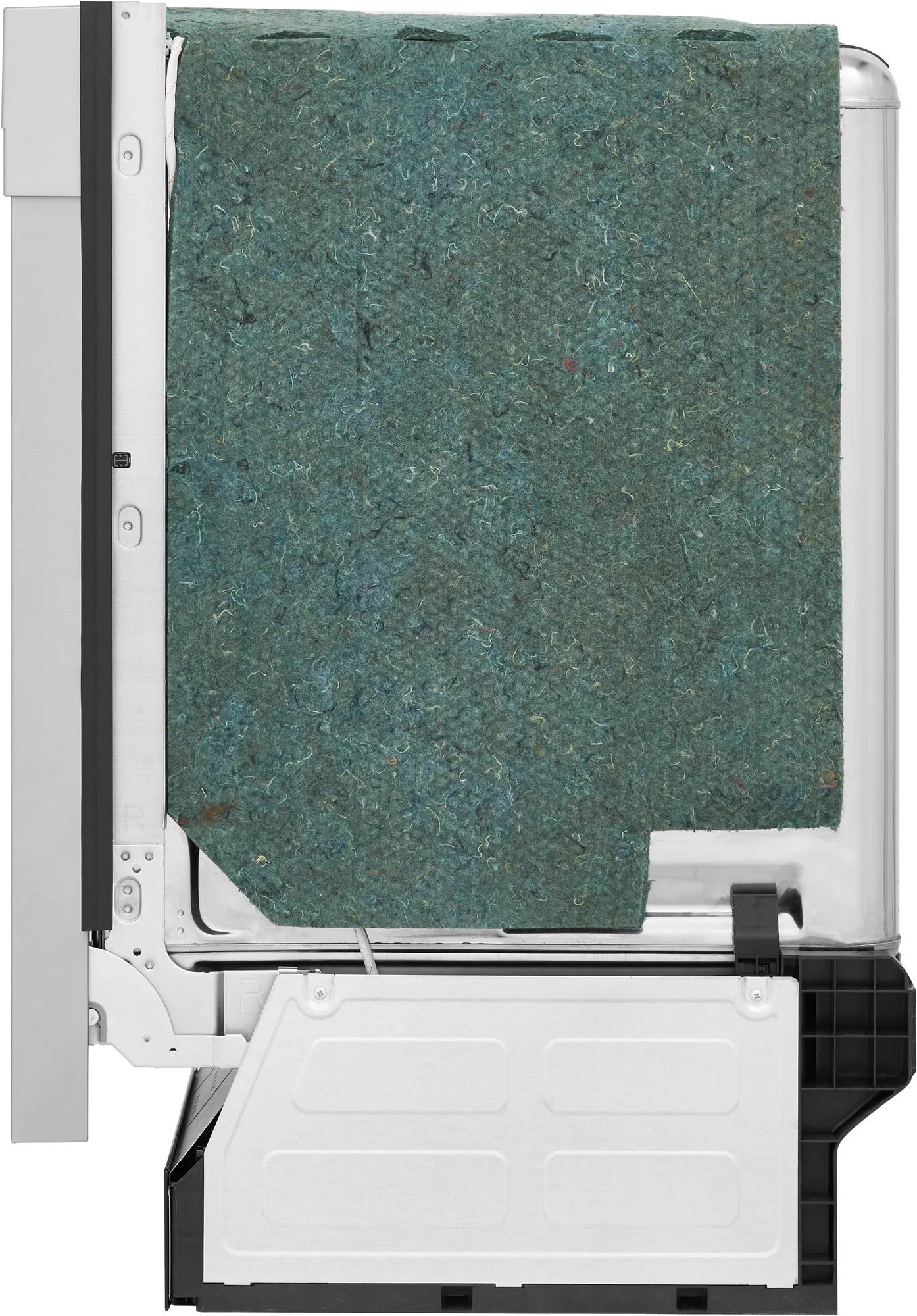 Side view of stainless steel 18-inch built-in dishwasher with insulation panel from kitchen appliances collection