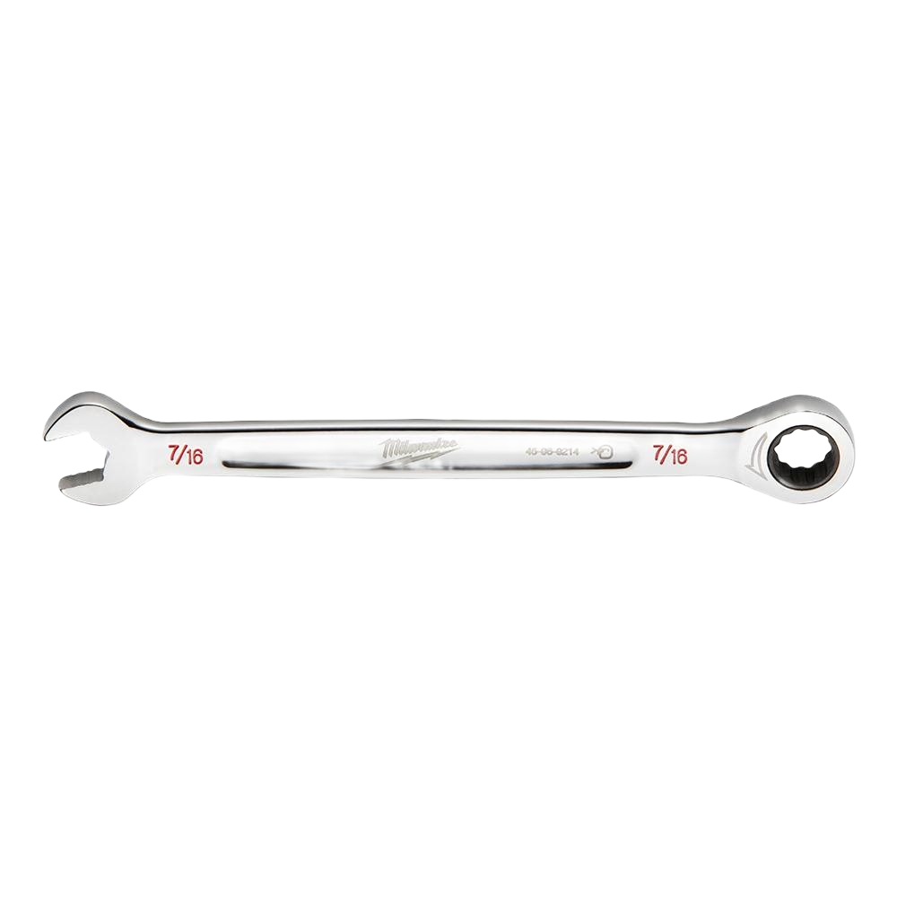 Polished 7/16 inch ratcheting combination wrench with open and closed ends for home improvement tasks