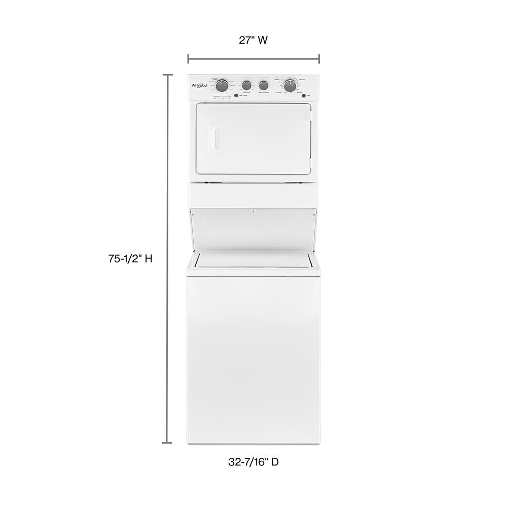 White electric stacked washer and dryer combo with top load washer, long vent dryer, and control panel featuring multiple knobs in appliance laundry centers at Hartville Hardware.