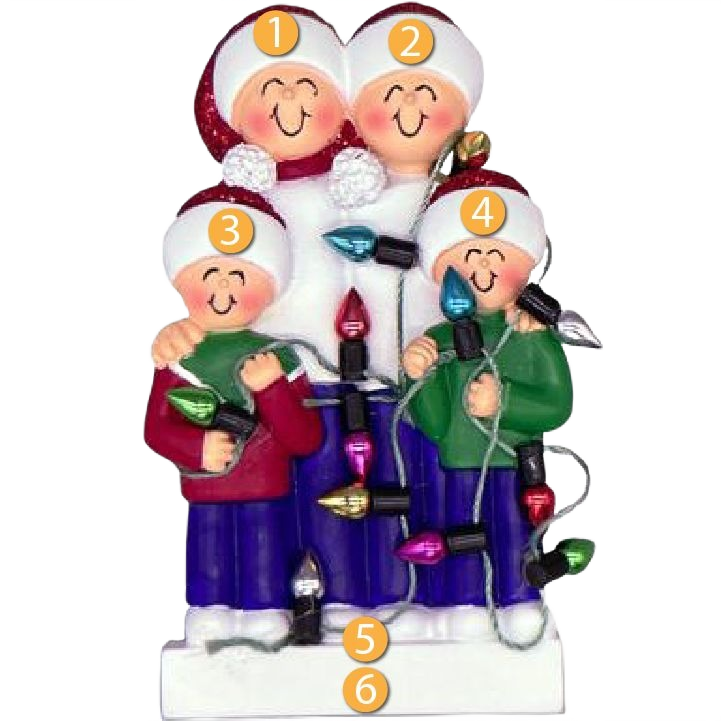 Personalized family of five figurine ornament holding colorful Christmas string lights in holiday decorations collection