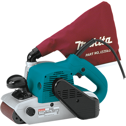Electric belt sander with teal and silver body, black handle, and red dust collection bag, part of Power Tools and Sanding collections at Hartville Hardware.