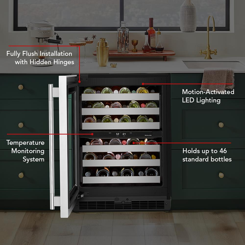 Undercounter wine cellar with hidden hinges, motion-activated LED lighting, temperature display, and storage for 46 bottles