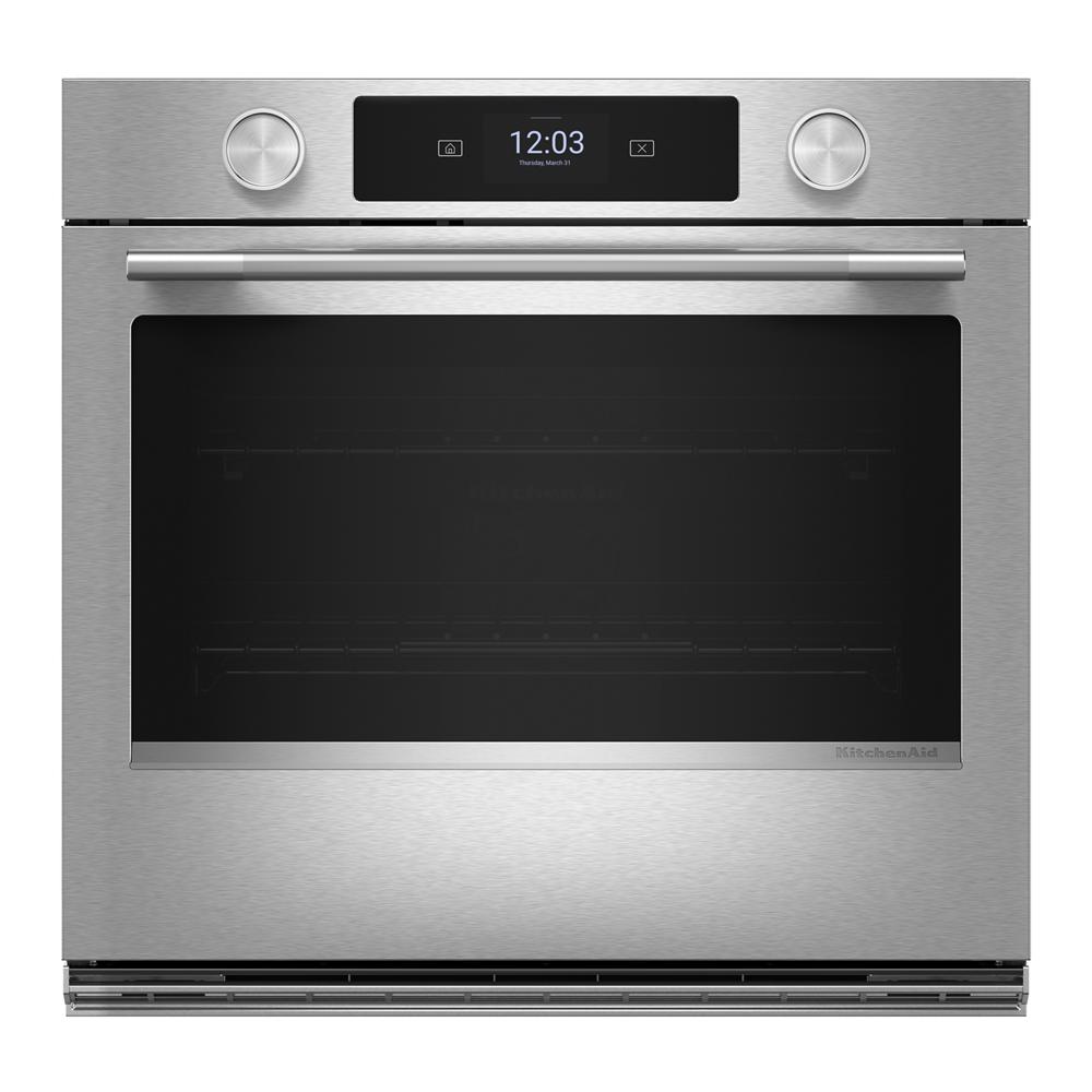 Stainless steel smart electric wall oven with touchscreen, backlit knobs, and PrintShield™ finish in KitchenAid appliances collection