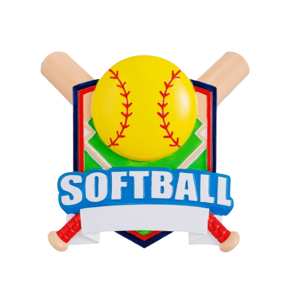 Softball shield ornament with yellow ball, crossed bats, and blue banner for Christmas Ornaments & Tree Decorations collection