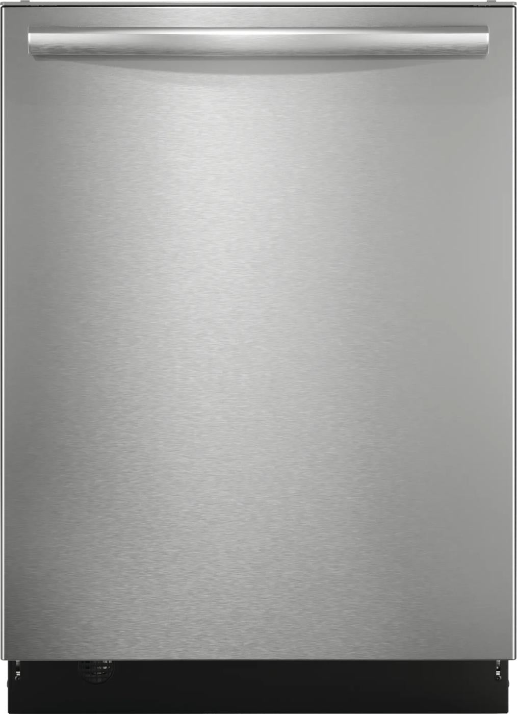 Front view of a stainless steel built-in dishwasher with a horizontal handle from kitchen appliances collection