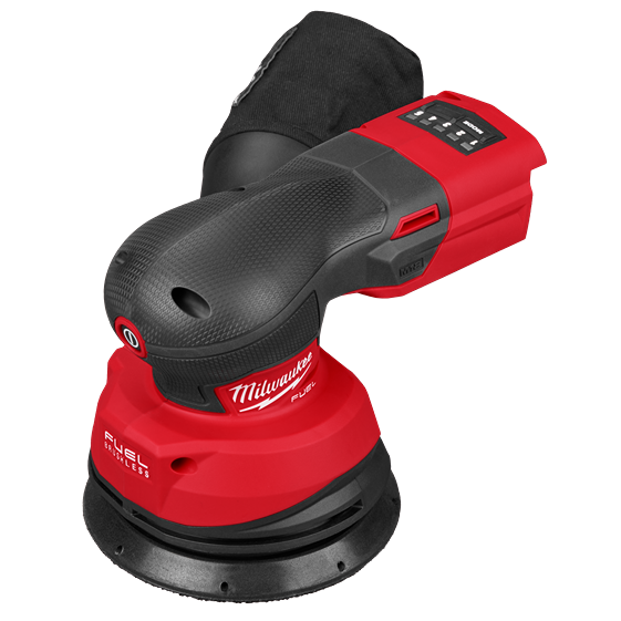 Compact red cordless random orbital sander with black textured grip for tools and home improvement use