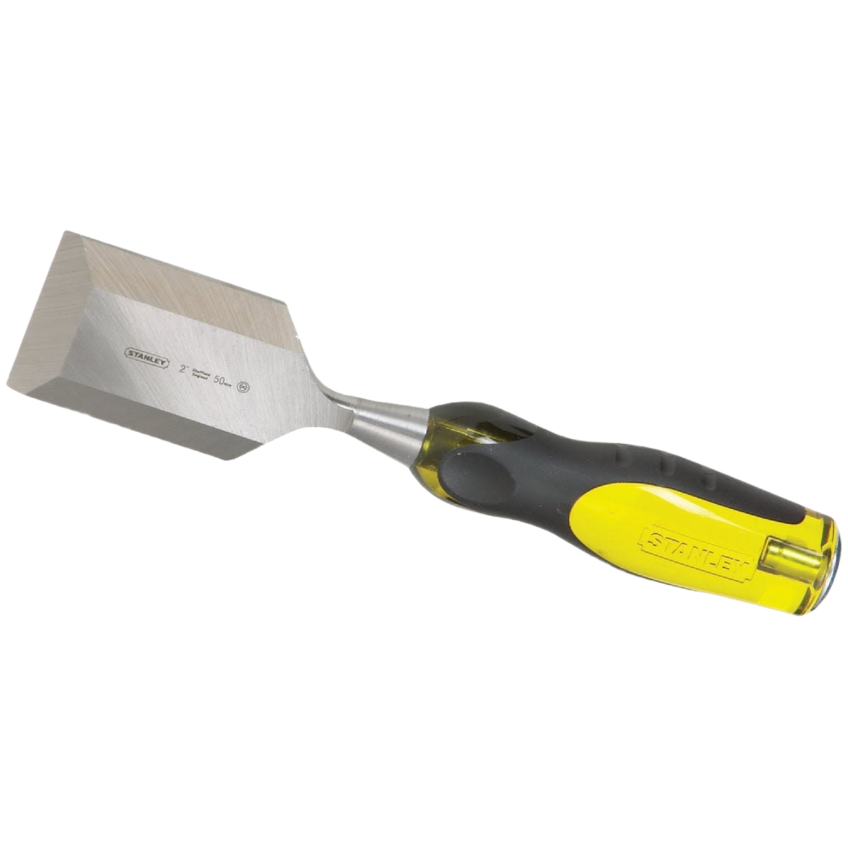 Wood chisel with sharp steel blade and ergonomic yellow and black handle for tools and home improvement use