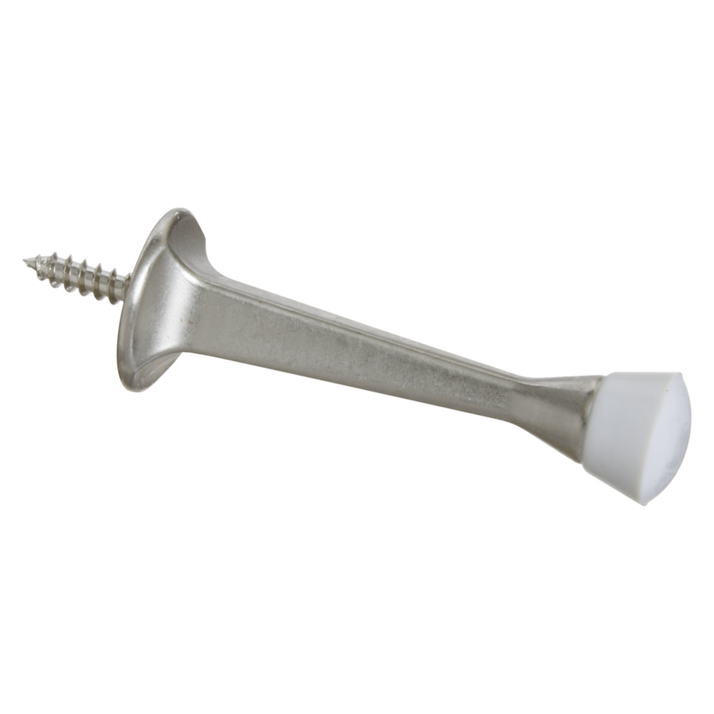 Satin nickel rigid door stop with screw base and rubber tip for protecting walls in door accessory projects under $50