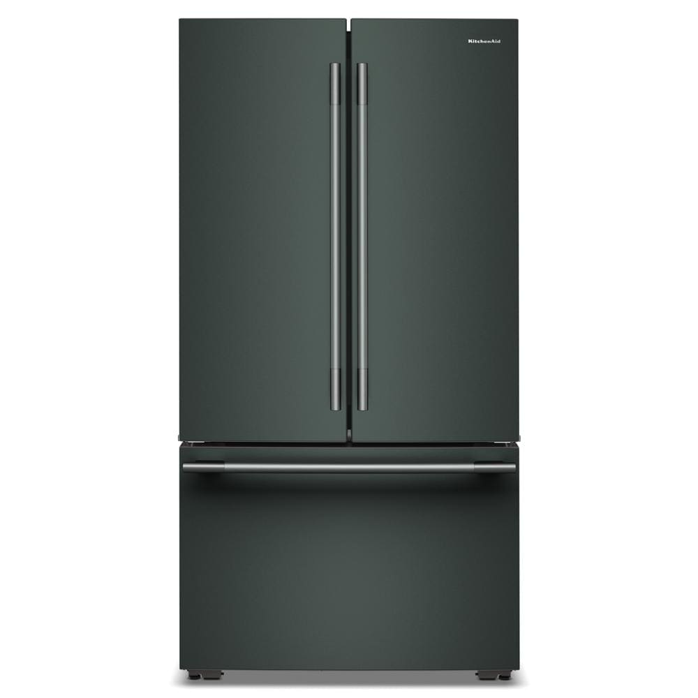 Front view of a counter-depth French door refrigerator in dark finish with sleek vertical handles and a spacious bottom freezer drawer, part of KitchenAid appliances in Refrigerators and French Door Refrigerators collections.