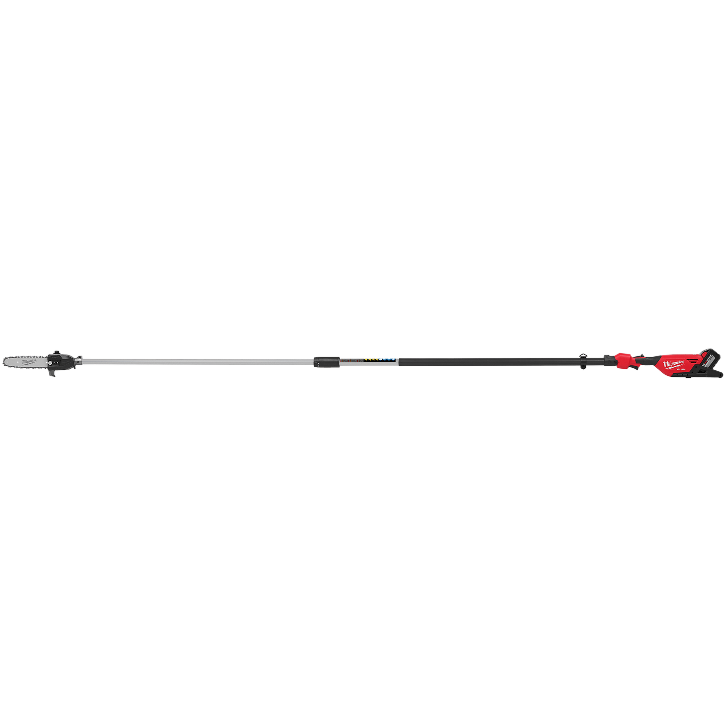 Red and black cordless telescoping pole saw with brushless motor for outdoor power equipment and home improvement tasks