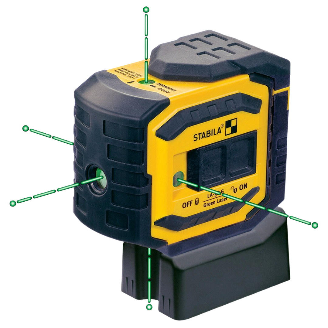 Compact yellow and black laser leveling tool projecting bright green cross and plumb laser lines for home improvement tasks