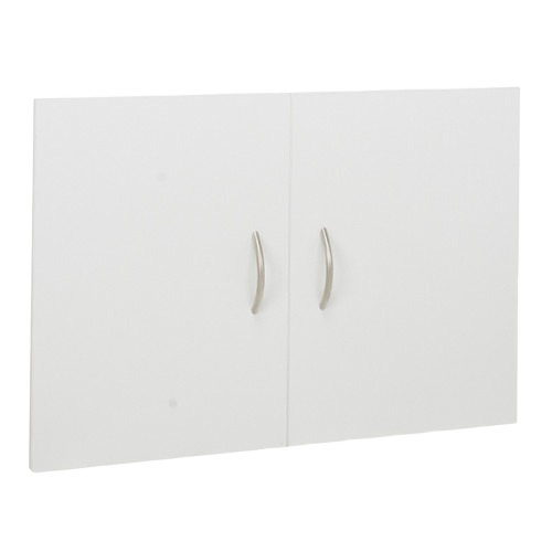 Pair of white accessory cabinet doors with curved metal handles for home improvement storage solutions