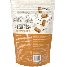 Resealable stand-up pouch of Wholesomes gourmet Nut'R'Nipz dog biscuits shaped like peanuts in brown and cream packaging