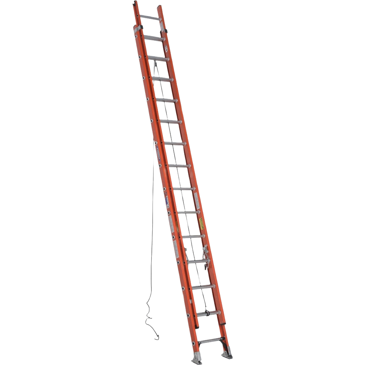 Tall orange fiberglass extension ladder with metal rungs for tools and home improvement use