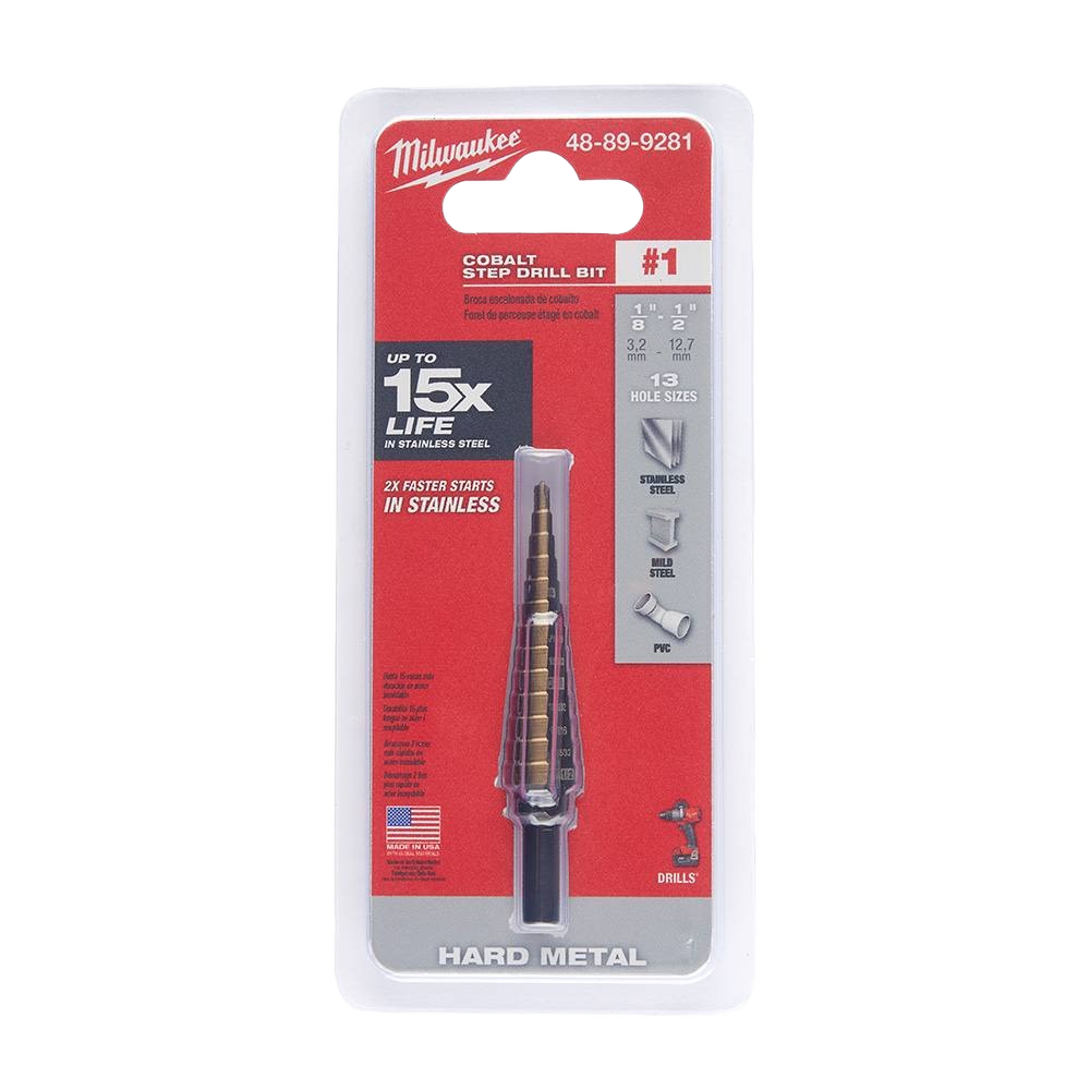 Step drill bit with multiple hole sizes for drilling stainless steel, mild steel, and PVC in home improvement tasks