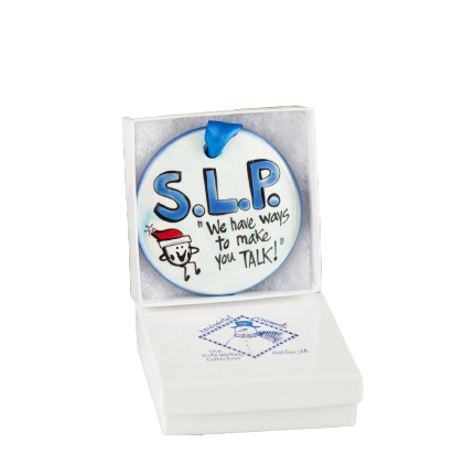 Hand-painted ceramic speech therapist ornament with blue ribbon and inspirational message in gift box under $50