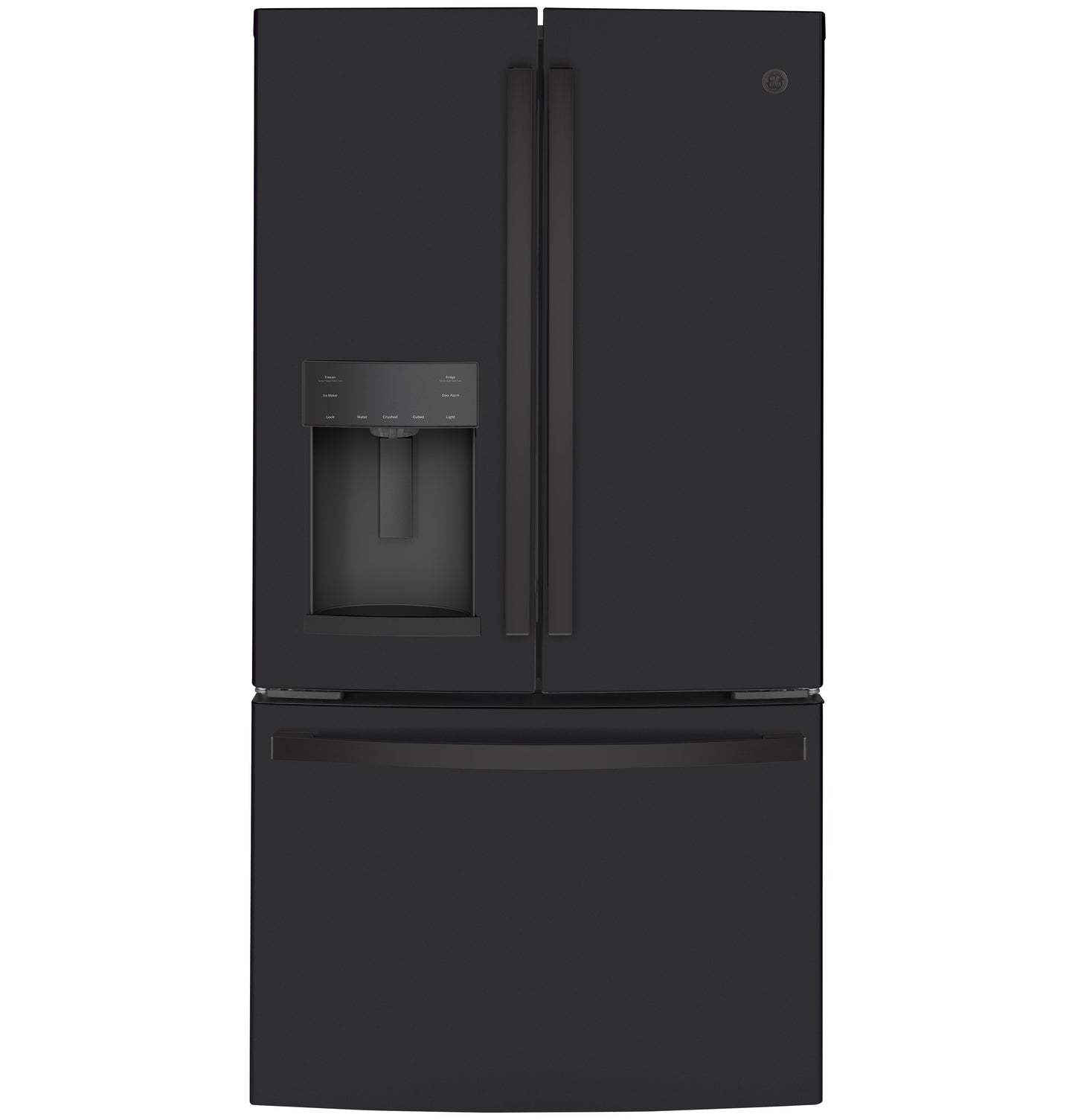 Matte black French-door refrigerator with bottom freezer drawer and external water dispenser in kitchen appliances collection