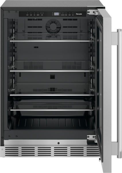 Under counter stainless steel refrigerator with glass door, adjustable shelves, and digital controls in kitchen appliances collection