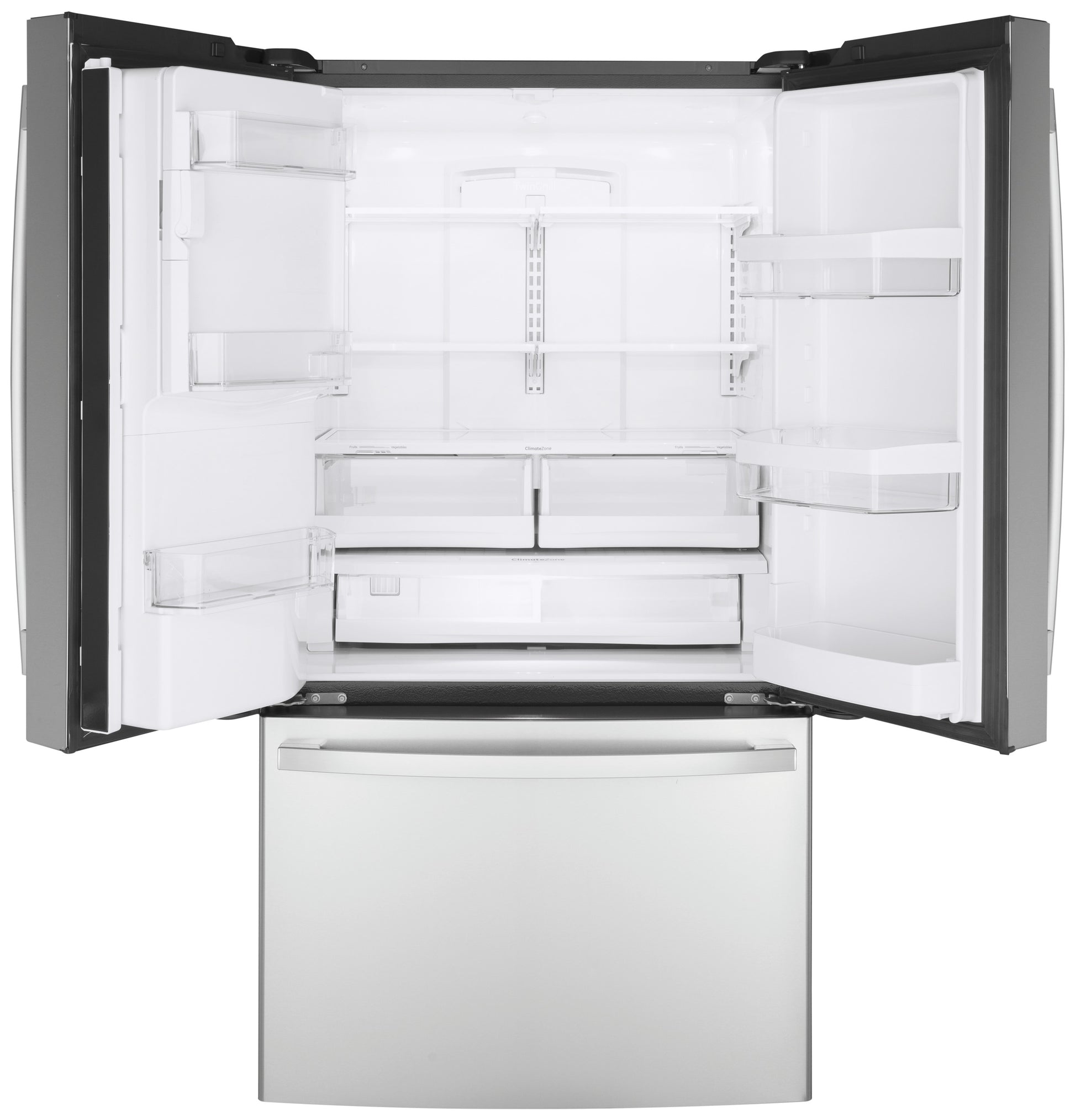 Empty fingerprint resistant French-door refrigerator with bottom freezer drawer in kitchen appliances and French door collection