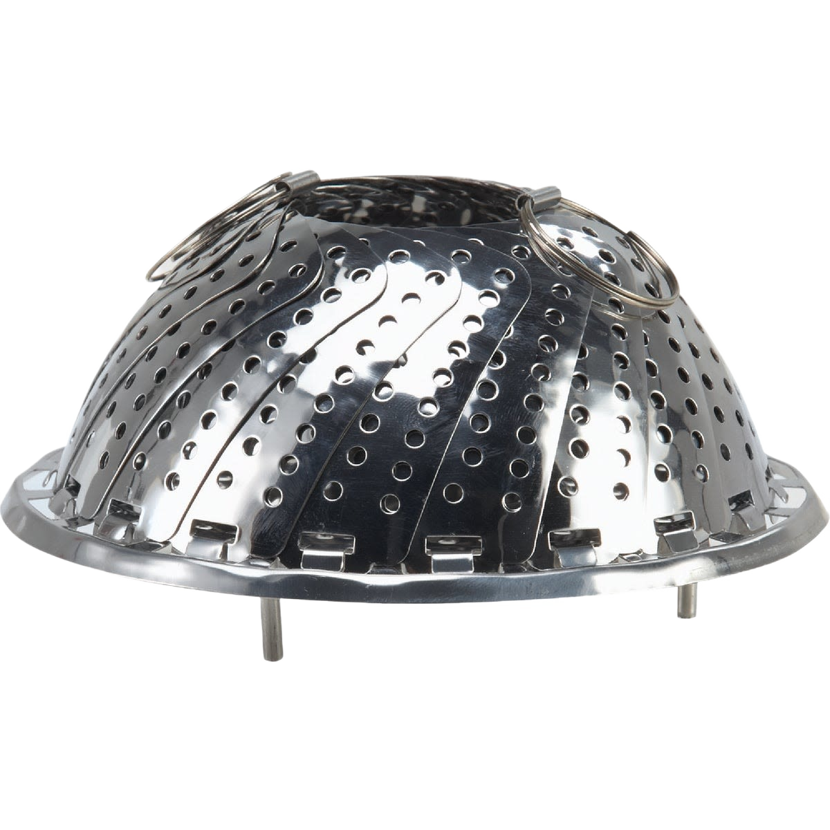 Expandable stainless steel vegetable steamer basket with perforated panels and foldable handles for kitchen gadgets collections