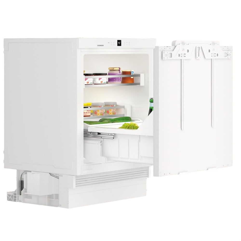 White undercounter refrigerator drawer with organized food containers and beverage storage in kitchen appliance setting