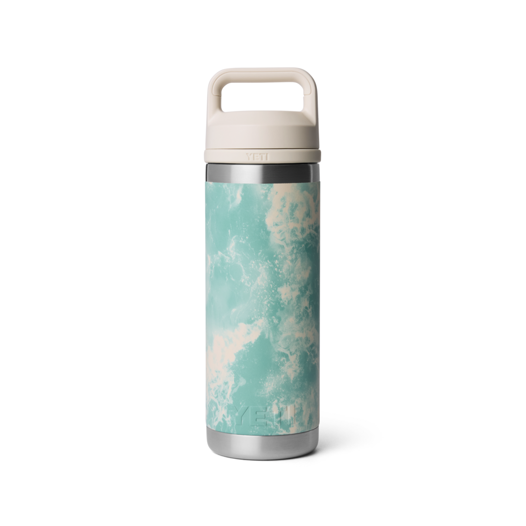 Insulated stainless steel bottle with ocean-inspired pattern and beige chug cap in drinkware and kitchenware collections