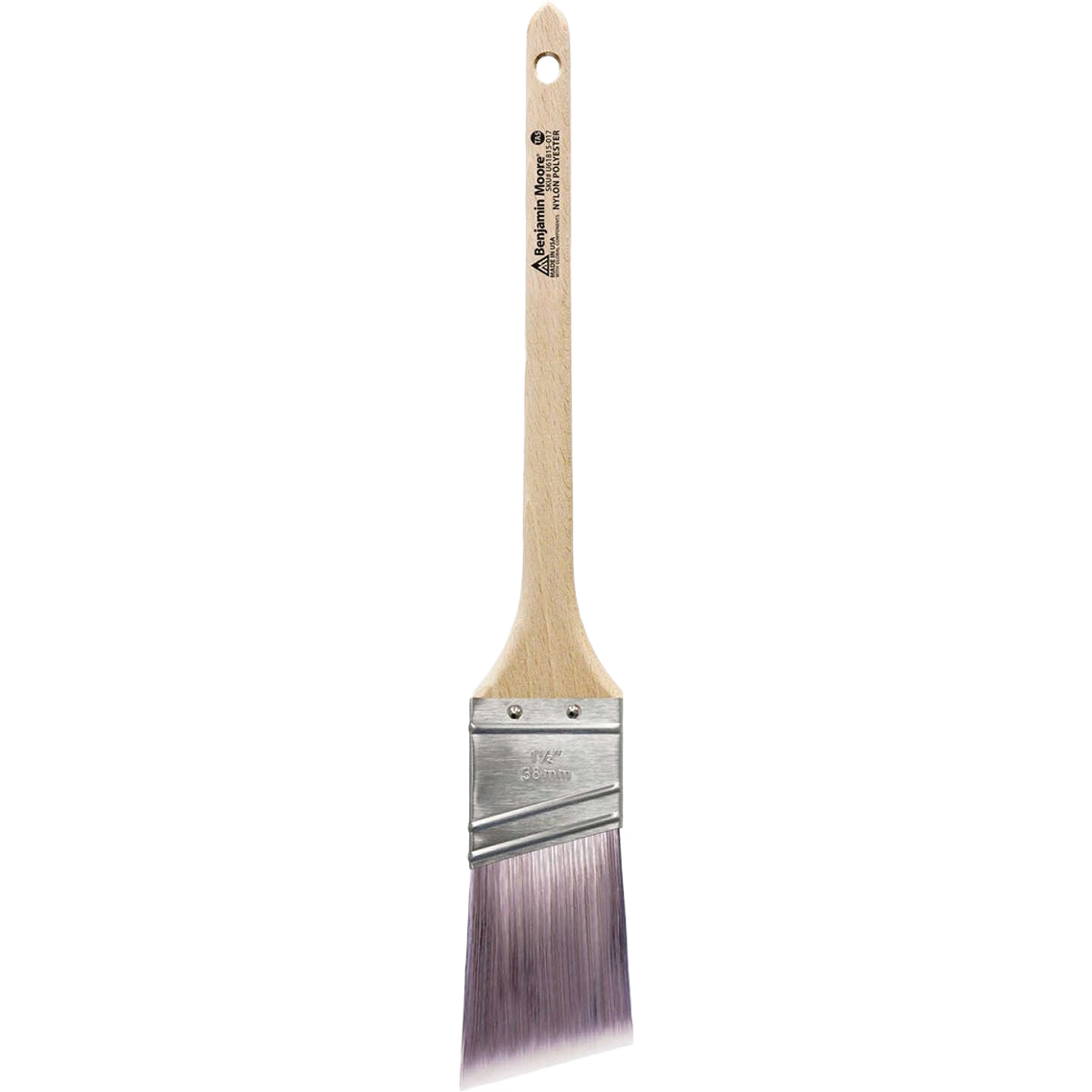 Thin angled paint brush with firm nylon/polyester bristles and wooden handle for precise painting tasks in home improvement tools collections