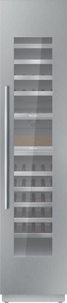 Built-in panel ready wine cooler with glass door, stainless steel handle, and adjustable wooden shelves in kitchen appliances