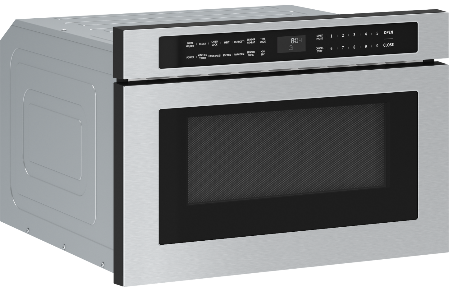 stainless steel built-in microwave drawer with digital keypad and black mesh window in kitchen appliances collection