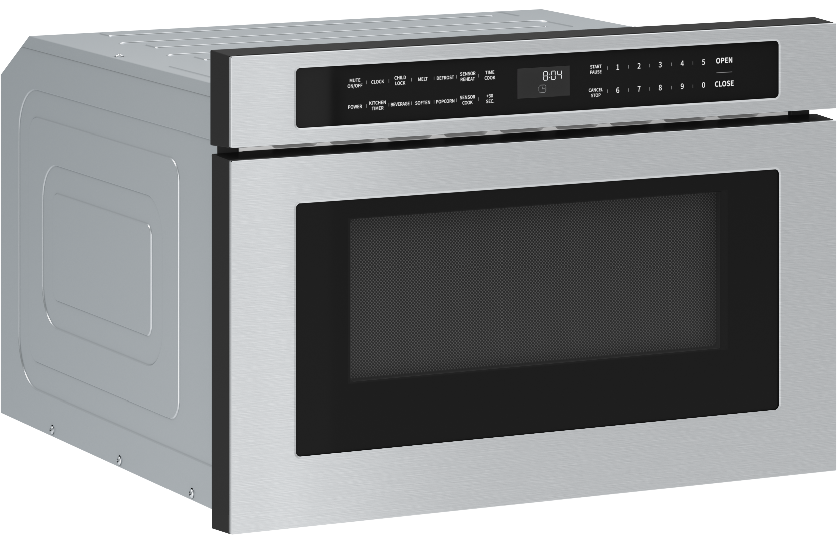 stainless steel built-in microwave drawer with digital keypad and black mesh window in kitchen appliances collection