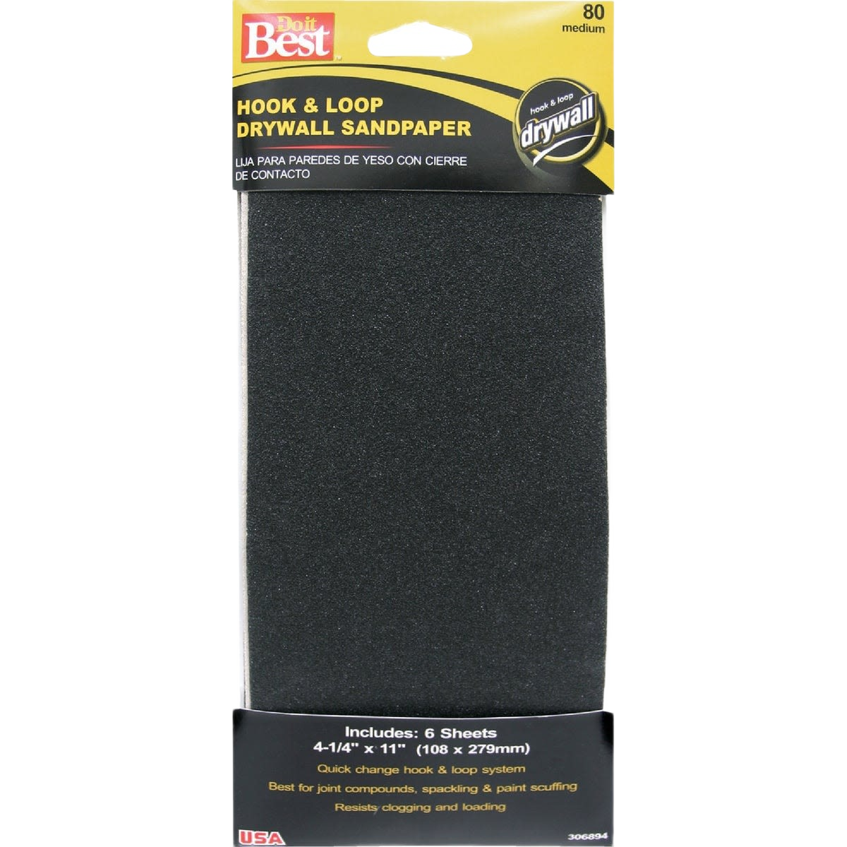 Six-pack of 80-grit medium hook and loop drywall sandpaper for sanding and repair in home improvement projects under $50