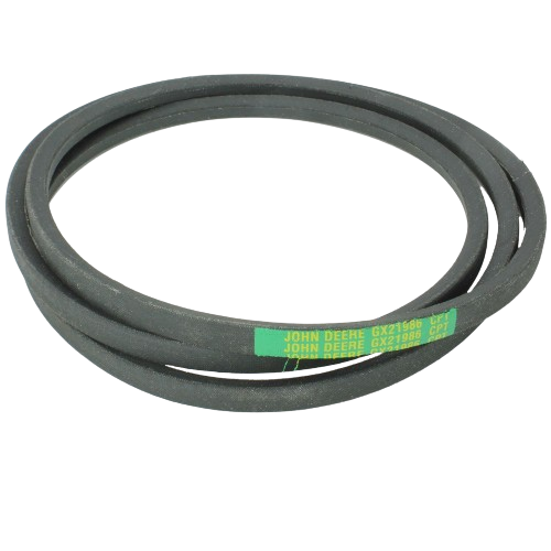Black rubber flat power drive belt with green John Deere label for equipment maintenance and tools use