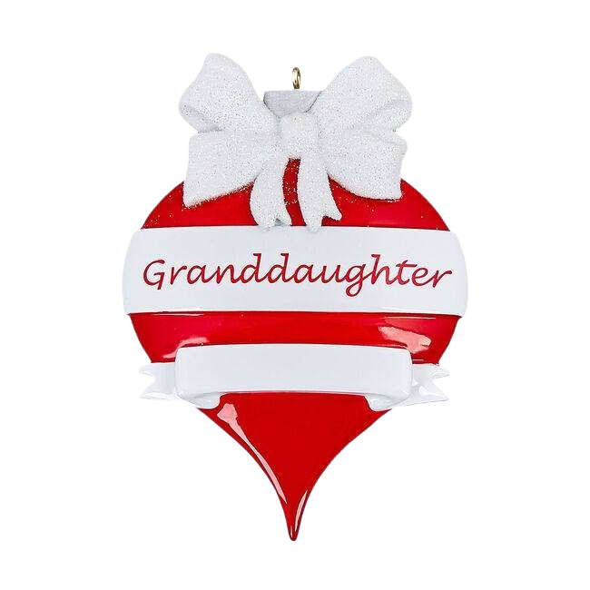 Red teardrop ornament with white bow and "Granddaughter" banner for Christmas Ornaments & Tree Decorations collection under $50