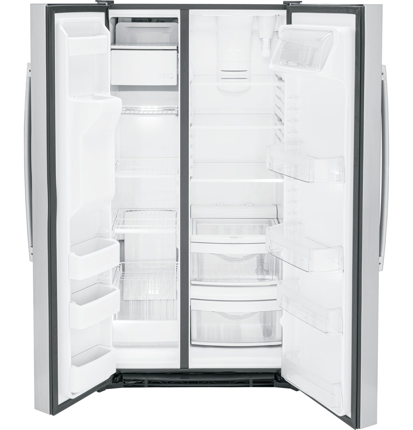 Open GE side-by-side refrigerator showing adjustable shelves and clear storage bins from kitchen appliances collection