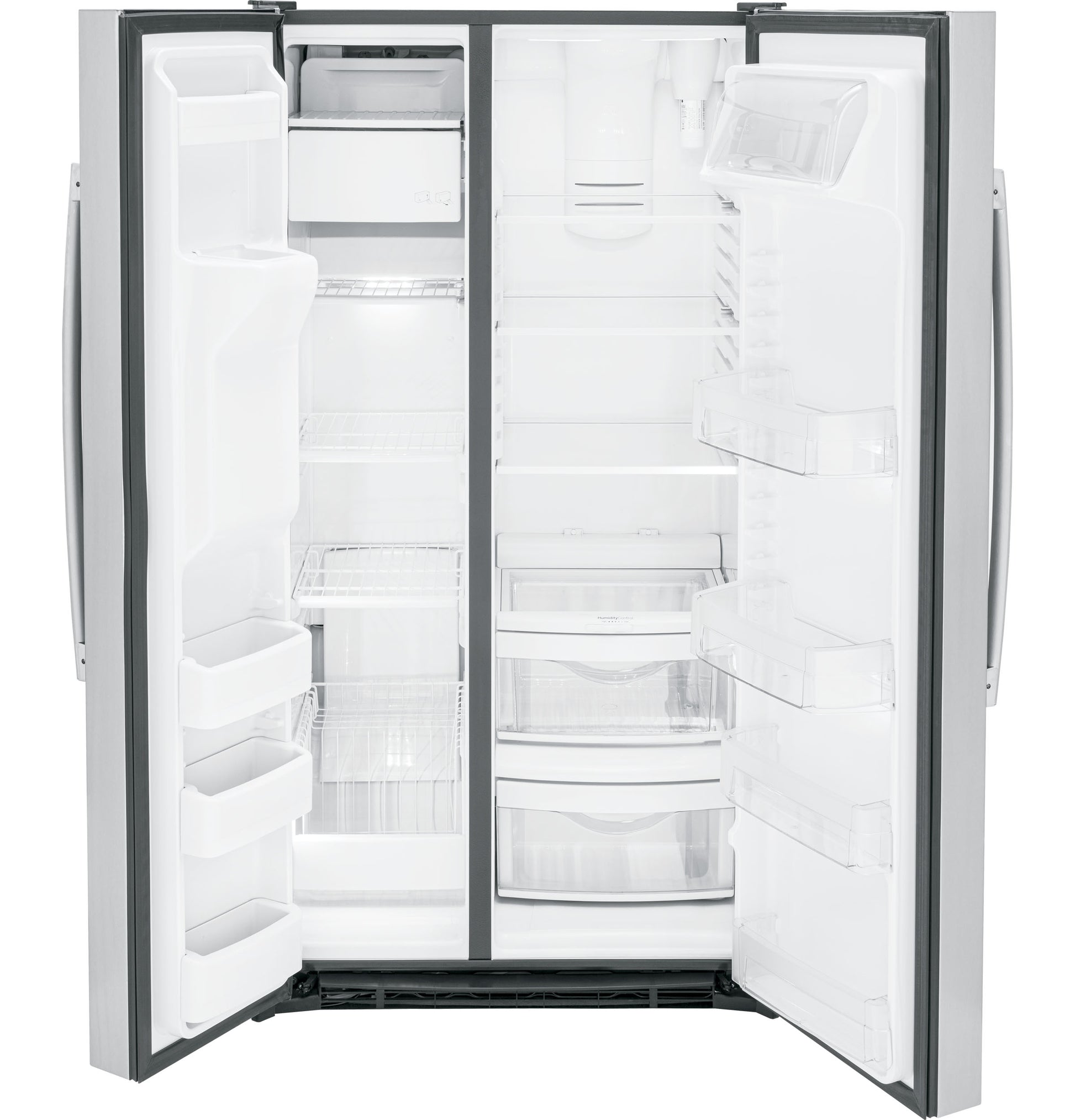 Open GE side-by-side refrigerator showing adjustable shelves and clear storage bins from kitchen appliances collection