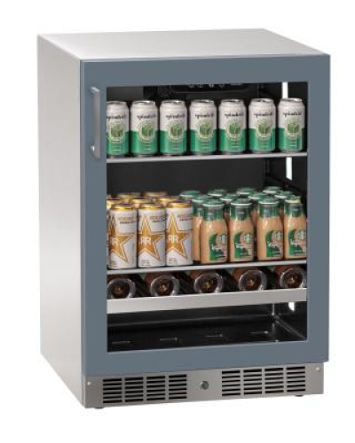 24 inch beverage center with glass door showing multiple canned and bottled drinks in kitchen appliance collections