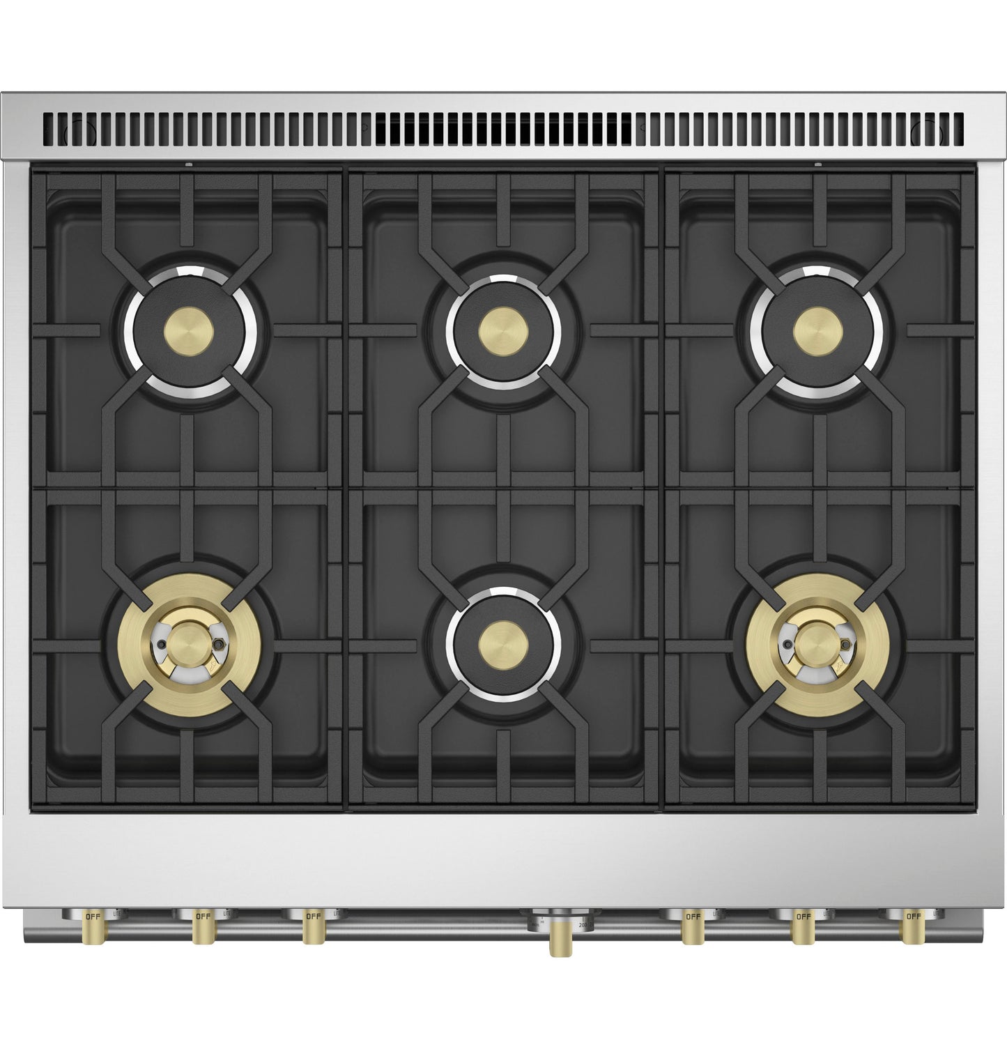 Top view of stainless steel dual-fuel cooktop with six brass burners and black cast iron grates in Kitchen & Appliances collections