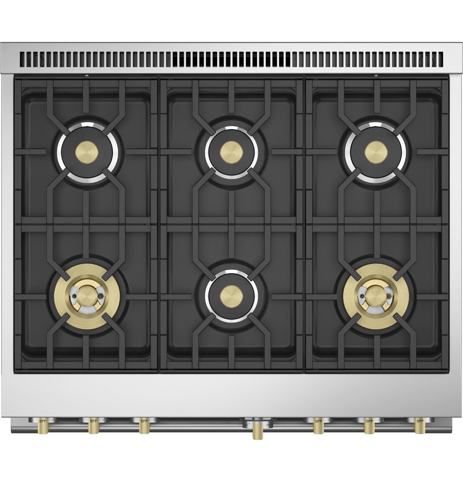 Top view of stainless steel dual-fuel cooktop with six brass burners and black cast iron grates in Kitchen & Appliances collections