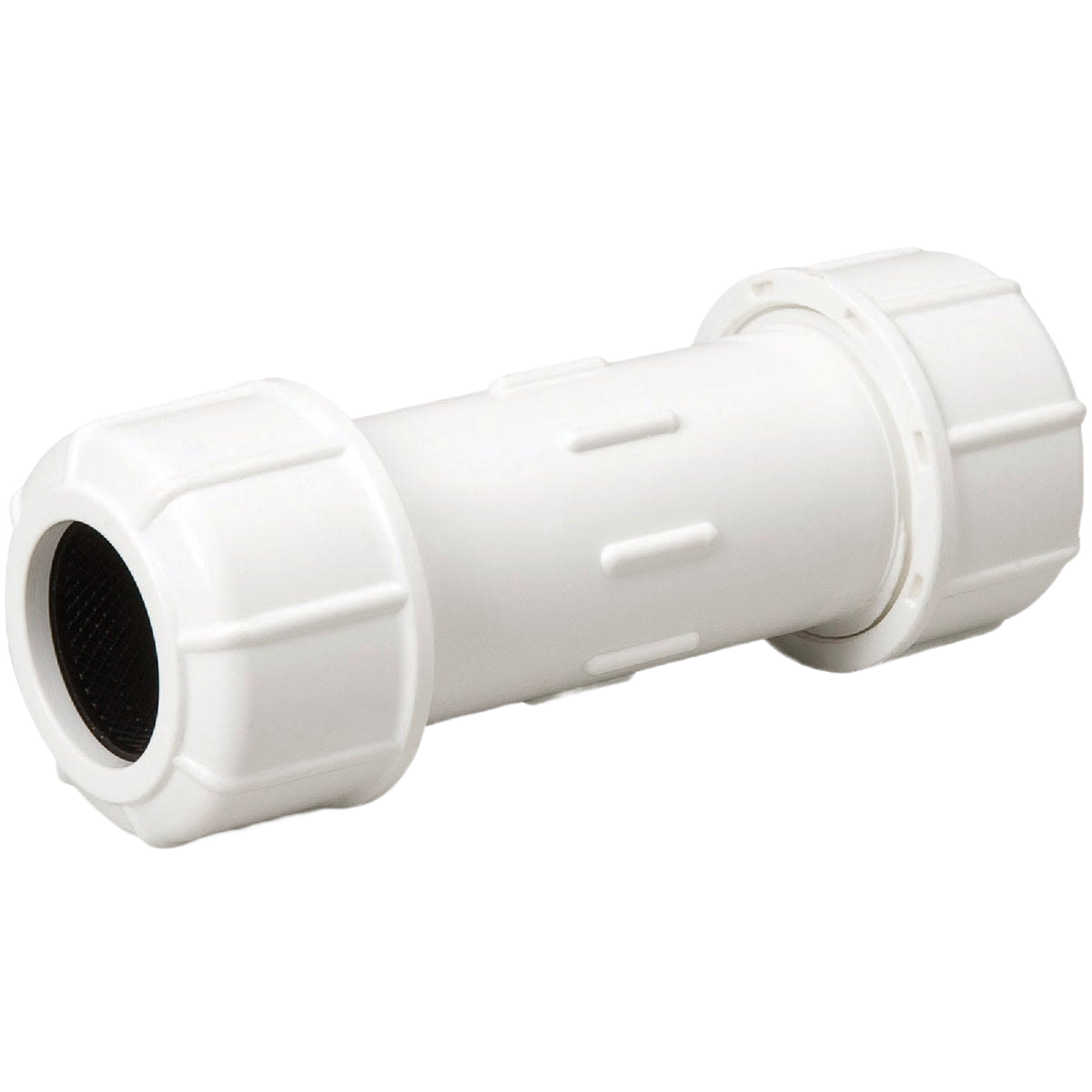 White plastic compression coupling for PVC pipes, suitable for plumbing and pipes & fittings in home improvement projects