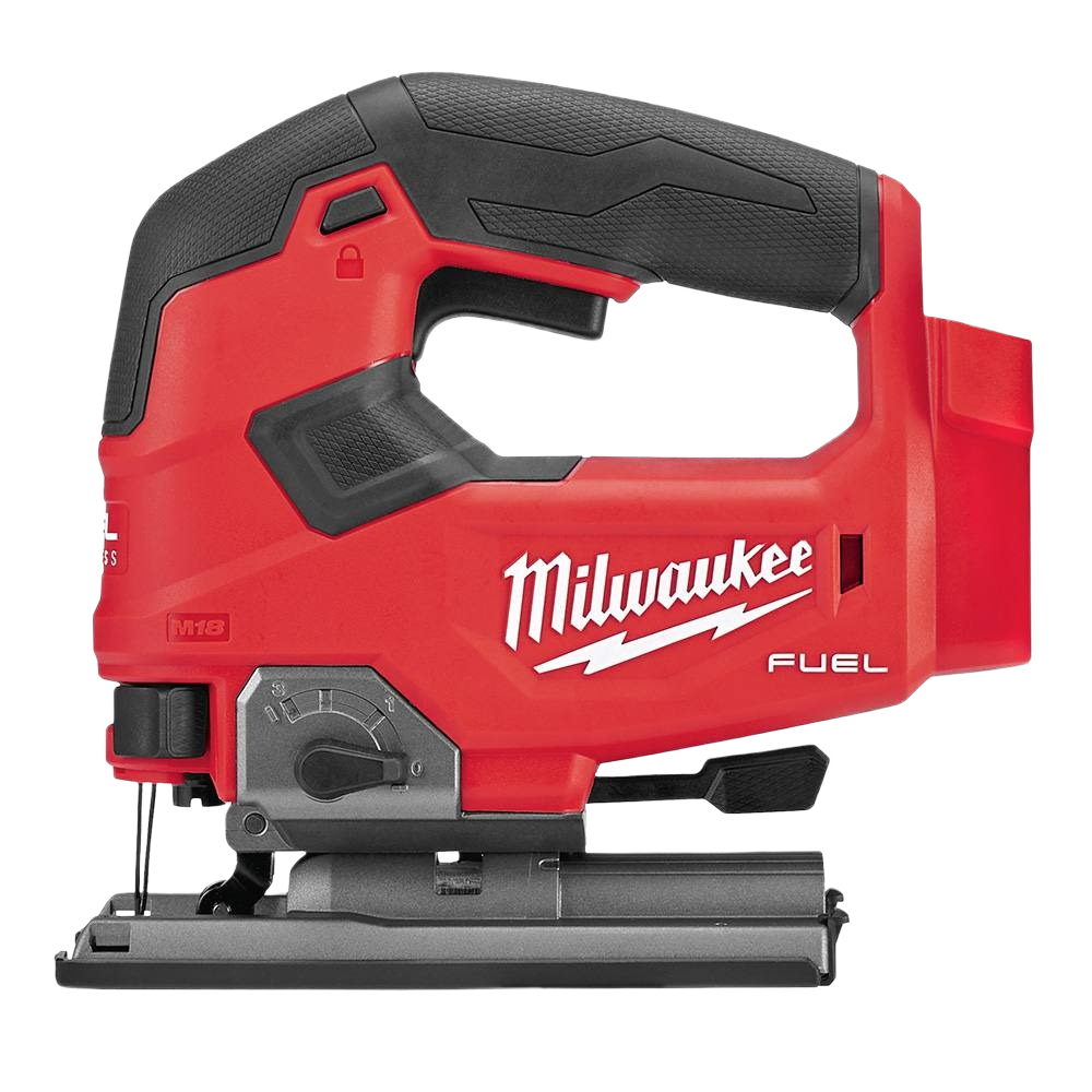 Red and black cordless jigsaw with ergonomic D-handle, designed for woodworking and home improvement tasks in saws collection.