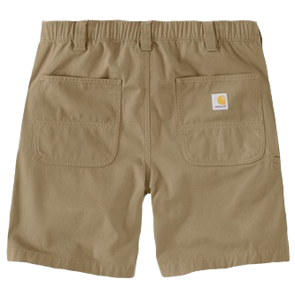 Dark khaki relaxed fit canvas shorts with elastic waistband and dual back pockets, suitable for durable workwear use
